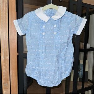 Petit Bebe easter bunnies train bubble smock collar baby boy romper short sleeve